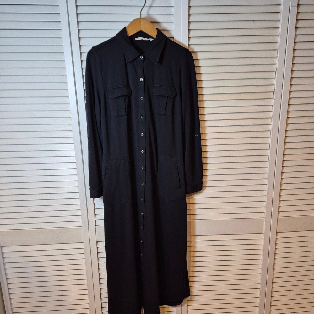 Soft Surroundings Black Button Front Shirt Dress Midi Utility Pockets Roll Tab M